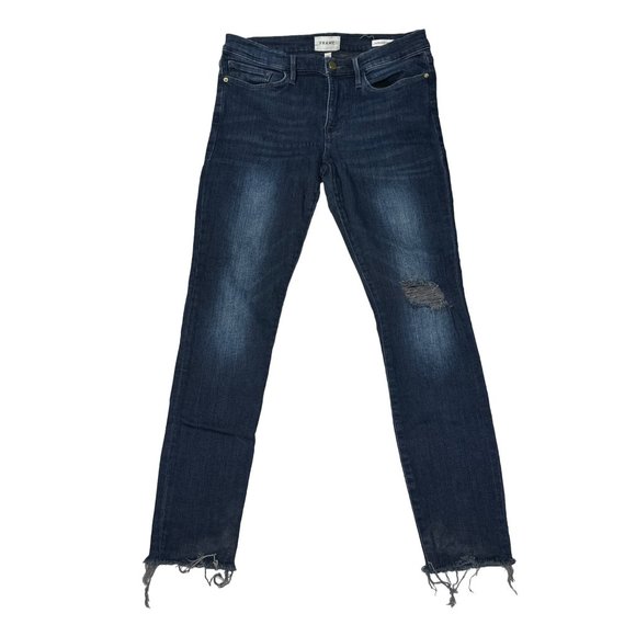 Frame Jeans Womens 30 Blue Denim Dark Wash Le Skinny De Jeanne Raw Edge Hem - Picture 2 of 11